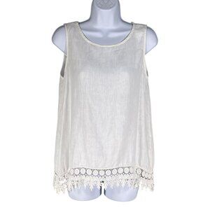 Terzo Millennio Womens S White Linen Tank Top Crochet Hem Italy Made Clean Girl